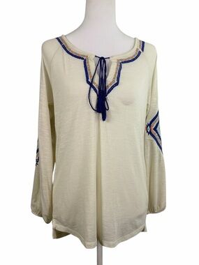 Poof! Off White Blue Embroidered Tunic with Navy Tie Size S